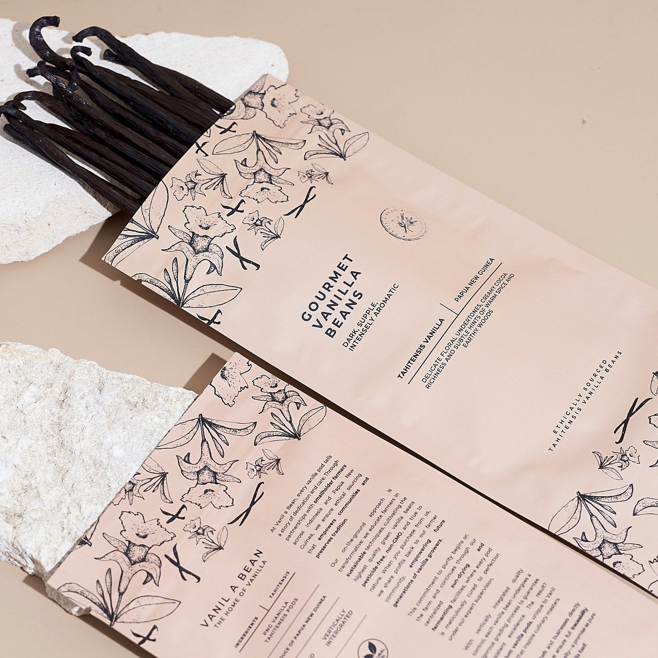 Front and back of Tahitian vanilla bean packaging showing origin and ingredients — Tahitian vanilla beans, Papua New Guinea