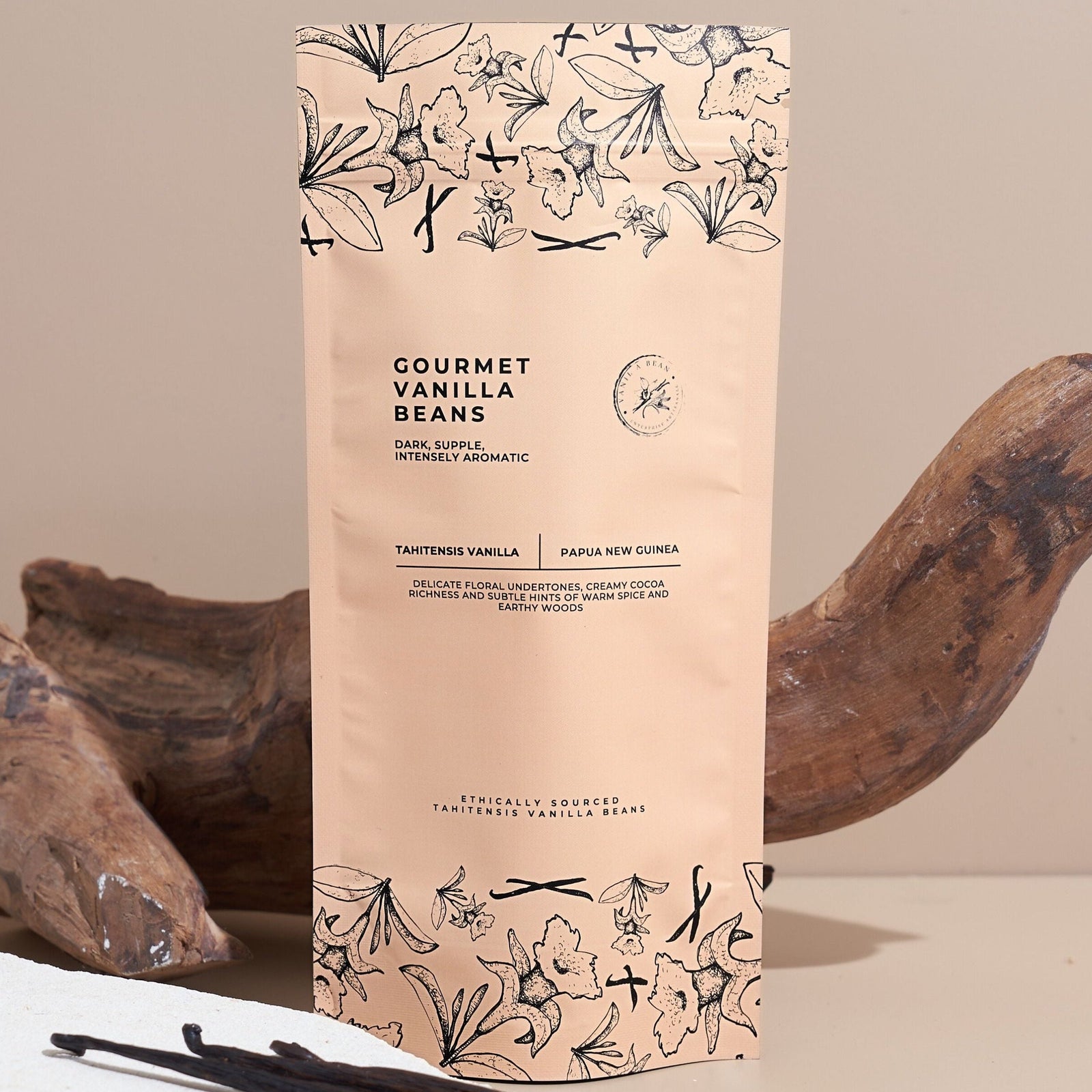Gourmet Tahitian vanilla beans packaging on volcanic rock, Papua New Guinea — Tahitian vanilla beans, Papua New Guinea
