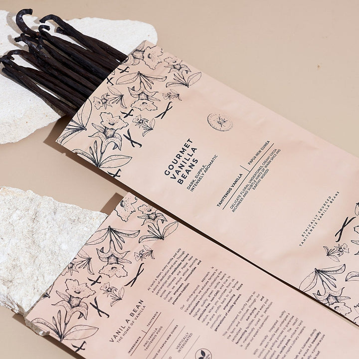 Front and back of Tahitian vanilla bean packaging showing origin and ingredients